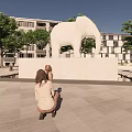Urban Park with Central Circular Water Feature Lush Trees and Walkways Near High Rises