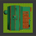 Cartoon Barn Scene With Red Walls Green Roof Chimney Wooden Doors And Green Grass