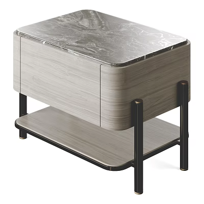 Modern Elegant Bedside Table with Marble Top Wooden Drawer and Black Metal Legs 3d model