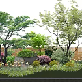 Lush Arbor Garden Landscape With Green Foliage Colorful Shrubs And Stone Decorations