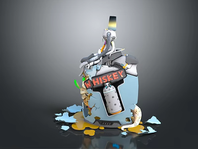 Weapons Surrounding Broken Whiskey Bottle With Spilled Liquid And Shattered Glass Pieces 3d model