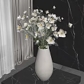 White Vase with White Daisies on Black Marble Tabletop against Dark Marble Wall and Curtain