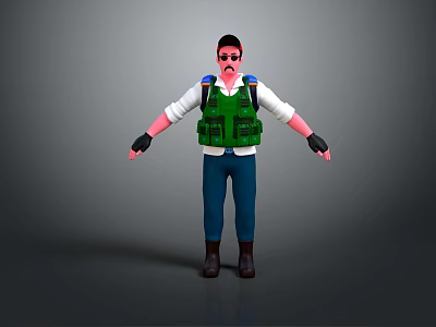3D Male Character In Sunglasses Green Bulletproof Vest White Shirt Blue Pants Black Gloves Boots 3d model