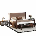 Double Bed With Brown Headboard Bed Posts Pillows Blanket Nightstands Table Lamp And Bench 3d model