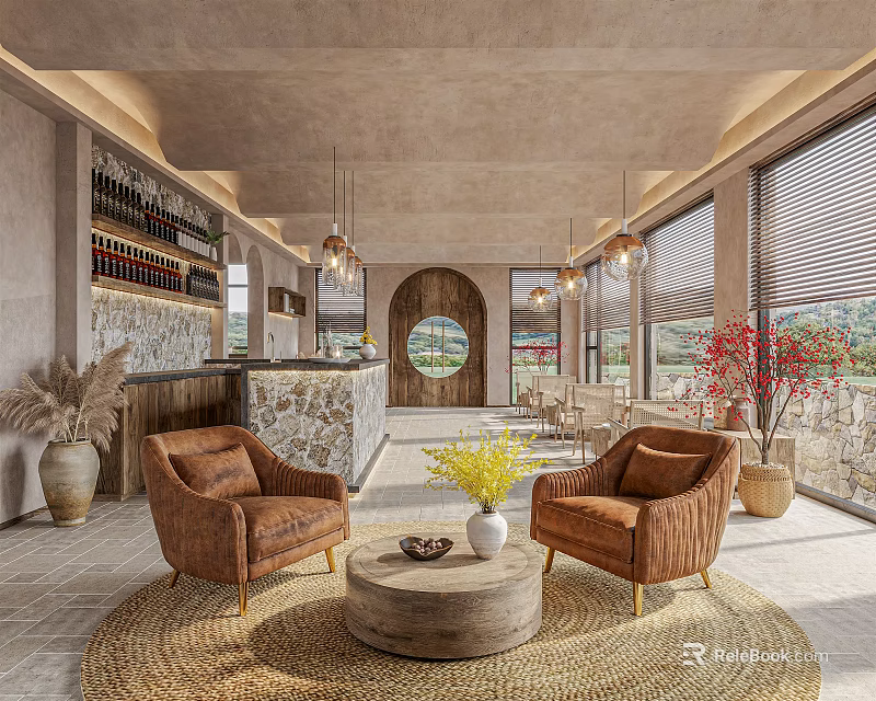 Modern Luxury Interior With Brown Leather Armchairs Round Wooden Coffee Table And Yellow Floral Vase 3d model 