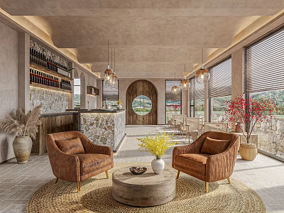 Modern Luxury Interior With Brown Leather Armchairs Round Wooden Coffee Table And Yellow Floral Vase 3d model