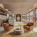 Modern Luxury Interior With Brown Leather Armchairs Round Wooden Coffee Table And Yellow Floral Vase