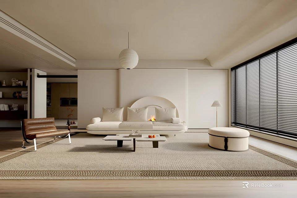 Modern Living Room Interior With White Curved Sofa Coffee Table Woven Rug And Pendant Light 3d model 