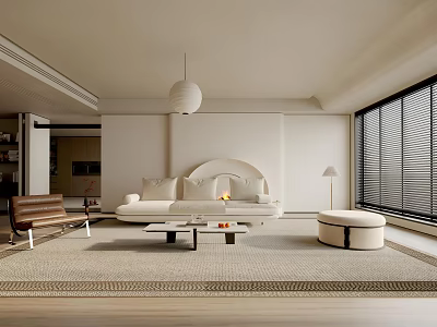 Modern Living Room Interior With White Curved Sofa Coffee Table Woven Rug And Pendant Light 3d model