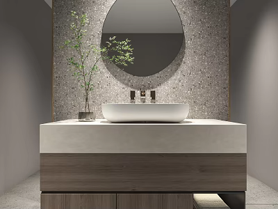 Modern Bathroom Vanity With White Basin Round Mirror And Green Plant 3d model