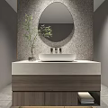 Modern Bathroom Vanity With White Basin Round Mirror And Green Plant