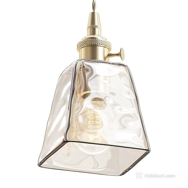 Vintage Brass Glass Pendant Light With Textured Shade And Edison Filament Bulb 3d model 