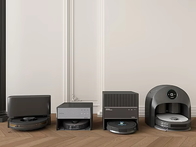 Multiple Smart Robotic Cleaning Machines On Wooden Floor With White Walls 3d model
