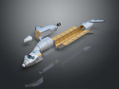 Exploded View Of 3D Spacecraft Model With Silver Body Yellow Internal Structure And Cockpit 3d model