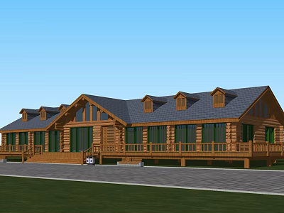 Log Hotel Building Featuring Gabled Roof Dormer Windows Large Glass Panels And Veranda 3d model
