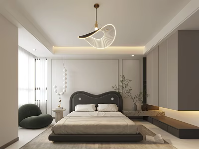 Modern Bedroom Interior Design With Bed Nightstand Chandelier Green Chair Window Rug And Plant 3d model