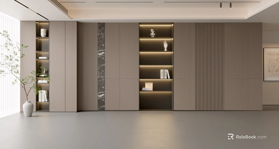 Modern Feature Wall Design With Layered Wooden Panels LED Lighting And Display Shelves 3d model 
