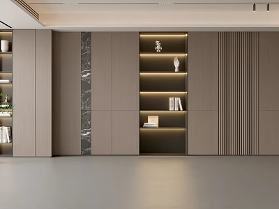 Modern Feature Wall Design With Layered Wooden Panels LED Lighting And Display Shelves 3d model