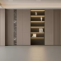 Modern Feature Wall Design With Layered Wooden Panels LED Lighting And Display Shelves