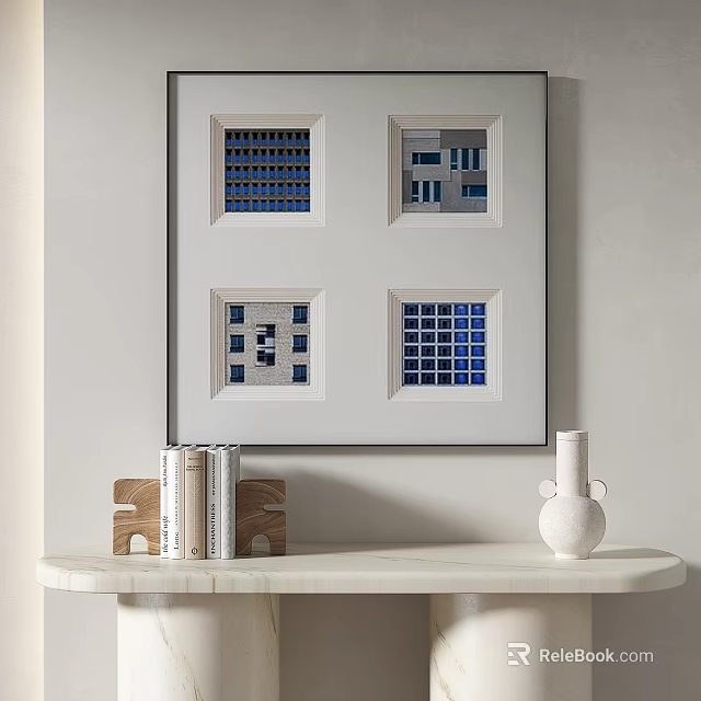 Four Panel Blue White Patterned Wall Art Above Marble Table With Books And Vase 3d model
