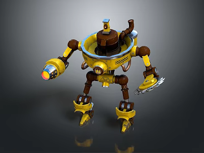 Yellow And Brown Mechanical Robot Game Character With Glowing Arm And Roller Legs 3d model