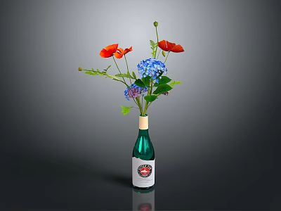 Decorative Green Wine Bottle With Red Poppies And Blue Hydrangeas Arrangement 3d model