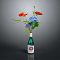 Decorative Green Wine Bottle With Red Poppies And Blue Hydrangeas Arrangement