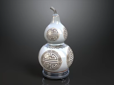 Gourd Shaped Ceramic Decorative Ornament Set With Traditional Patterns White Gold And Silver Base 3d model