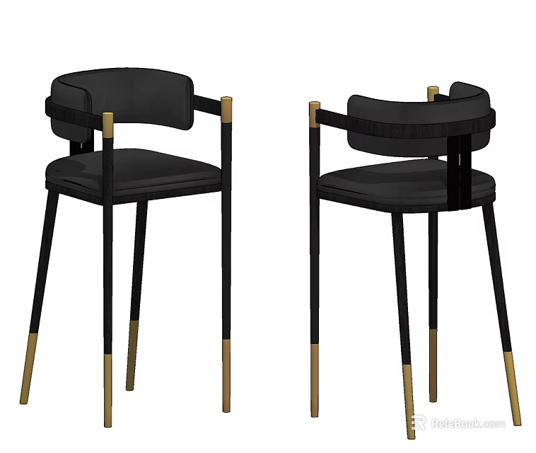 Modern Black Leather Bar Stools With Gold Metal Legs And Armrests Design 3d model 