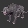 Detailed 3D Reptile Model Standing With Gray Striped Scales Sharp Teeth And Green Eyes