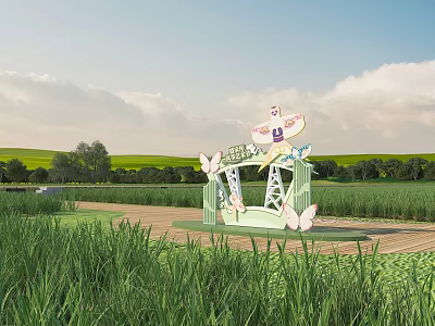 Scenic Outdoor Decorative Structure With Butterfly Ornaments Wooden Platform And Open Sky In Green Field 3d model