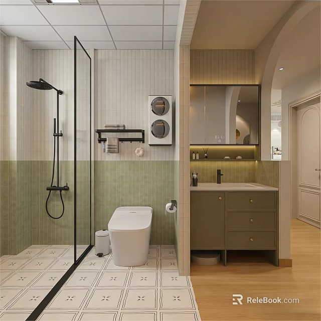Warm Stylish Two Tone Tiled Bathroom With Separate Shower Area Smart Toilet And Backlit Vanity 3d model 