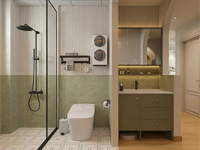 Warm Stylish Two Tone Tiled Bathroom With Separate Shower Area Smart Toilet And Backlit Vanity 3d model
