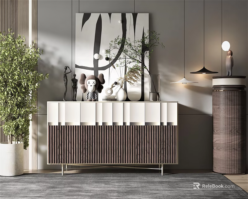 Modern Entryway Console Table Design With Green Plants Decorative Items And Wall Art 3d model 