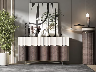 Modern Entryway Console Table Design With Green Plants Decorative Items And Wall Art 3d model