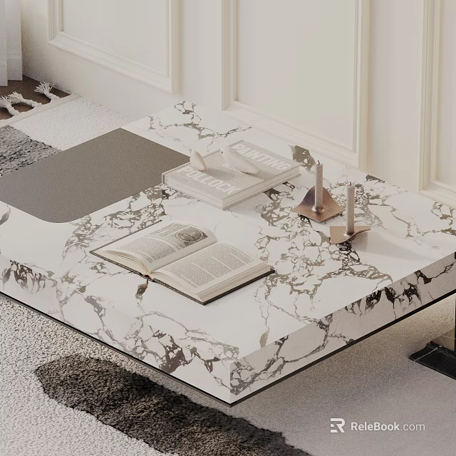 Elegant Sofa and Coffee Table Set in Living Room with Marble Decorative Books and Ornaments 3d model 