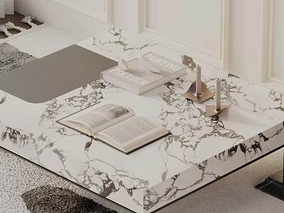 Elegant Sofa and Coffee Table Set in Living Room with Marble Decorative Books and Ornaments 3d model