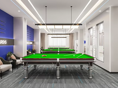 Modern Billiard Room Interior With Green Felt Table Balls Cues And Seating 3d model