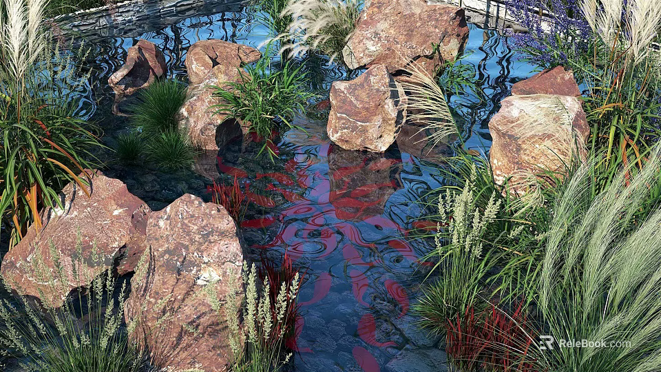 Tranquil Garden Ornament Design With Large Rocks Water Pond Green Grasses And Reflections 3d model 