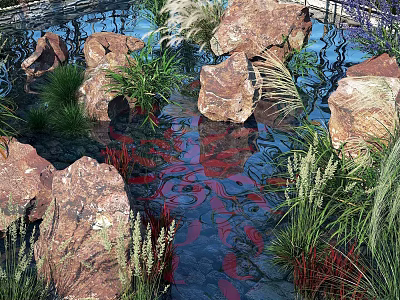 Tranquil Garden Ornament Design With Large Rocks Water Pond Green Grasses And Reflections 3d model
