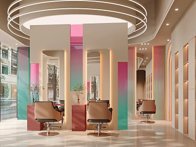 Elegant Modern Beauty Hair Salon Interior Design With Charming Gradient Decor And Warm Ambient Lighting 3d model