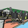 Modern High Rise Office Buildings With River And Green Spaces In Urban Area