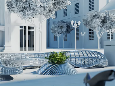 Modern Outdoor Landscape Seating With Curved Metal Structure And Green Plants Near White Building Trees 3d model