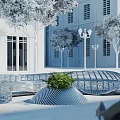Modern Outdoor Landscape Seating With Curved Metal Structure And Green Plants Near White Building Trees