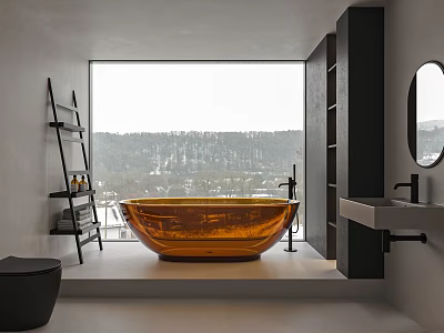 Modern Bathroom With Copper Bathtub Large Window And Ladder Shelf 3d model