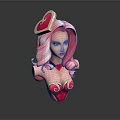3D Female Bust Sculpture With Pink Long Hair Heart Headpiece Red Outfit And Curved Patterns