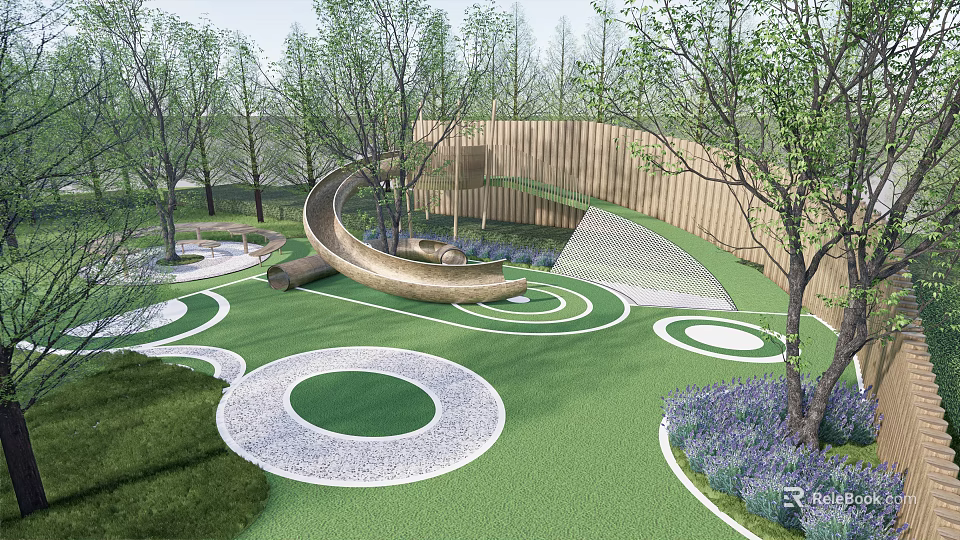 Park Landscape with Green Lawn Circular Patterns Curved Slide Trees Wooden Fence and Purple Flowers 3d model 