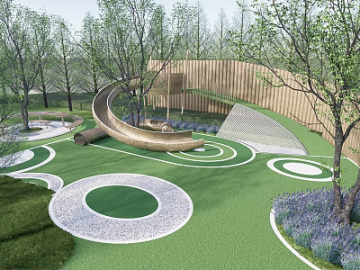 Park Landscape with Green Lawn Circular Patterns Curved Slide Trees Wooden Fence and Purple Flowers 3d model