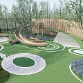 Park Landscape with Green Lawn Circular Patterns Curved Slide Trees Wooden Fence and Purple Flowers
