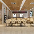 Spacious Cafeteria Interior With Tables Chairs Windows Ceiling Lights And Wall Decorations 3d model